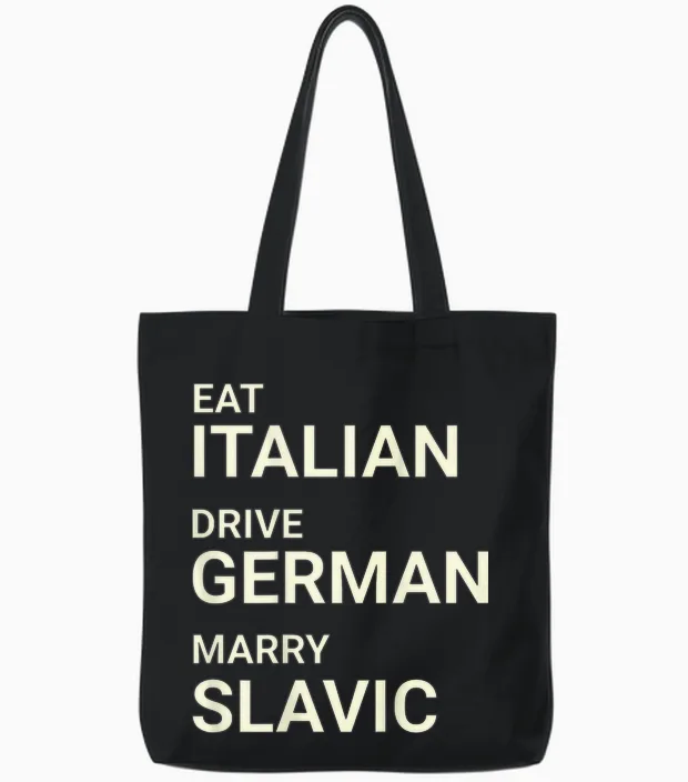 Italienisch Essen, Deutsch, Heiraten, Slawisch, Lustig Auf Dem Rücken Tote Bags in Black