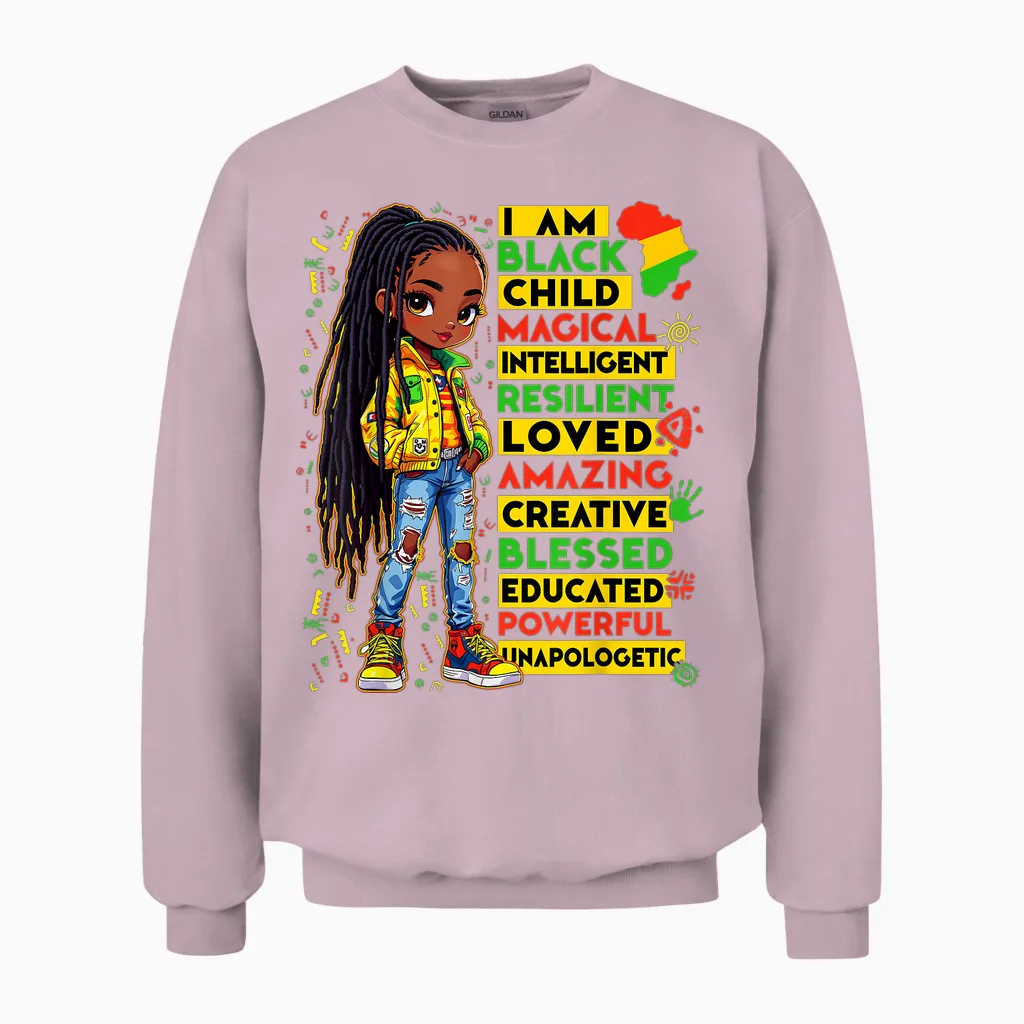 I Am Black Child History Month African American Kids Girls Unisex Sweatshirt in Light Pink