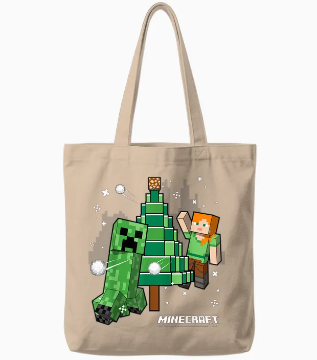 Minecraft Christmas Tree Snowball Fight with Alex Tote Bags in Natural