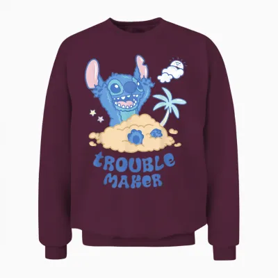 Disney Stitch Fluffy Summer Beach Sand Pile "trouble Maker" Unisex Sweatshirt - Maroon
