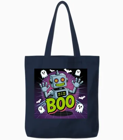 Neon Retro Robot Boo Ghosts Tote Bags - Navy