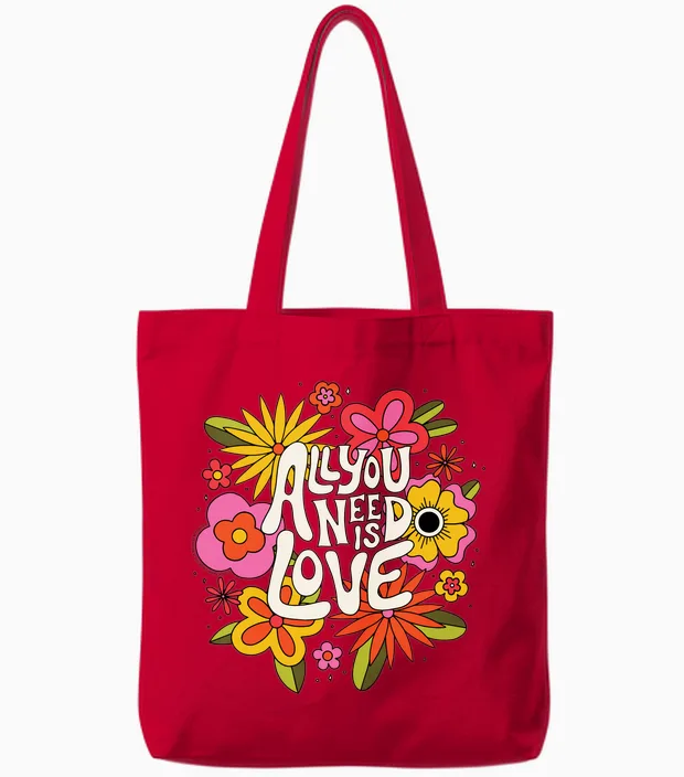 The Beatles - All You Need Is Love Retro Flowers Long Sleeve, Black Tote Bags in Red