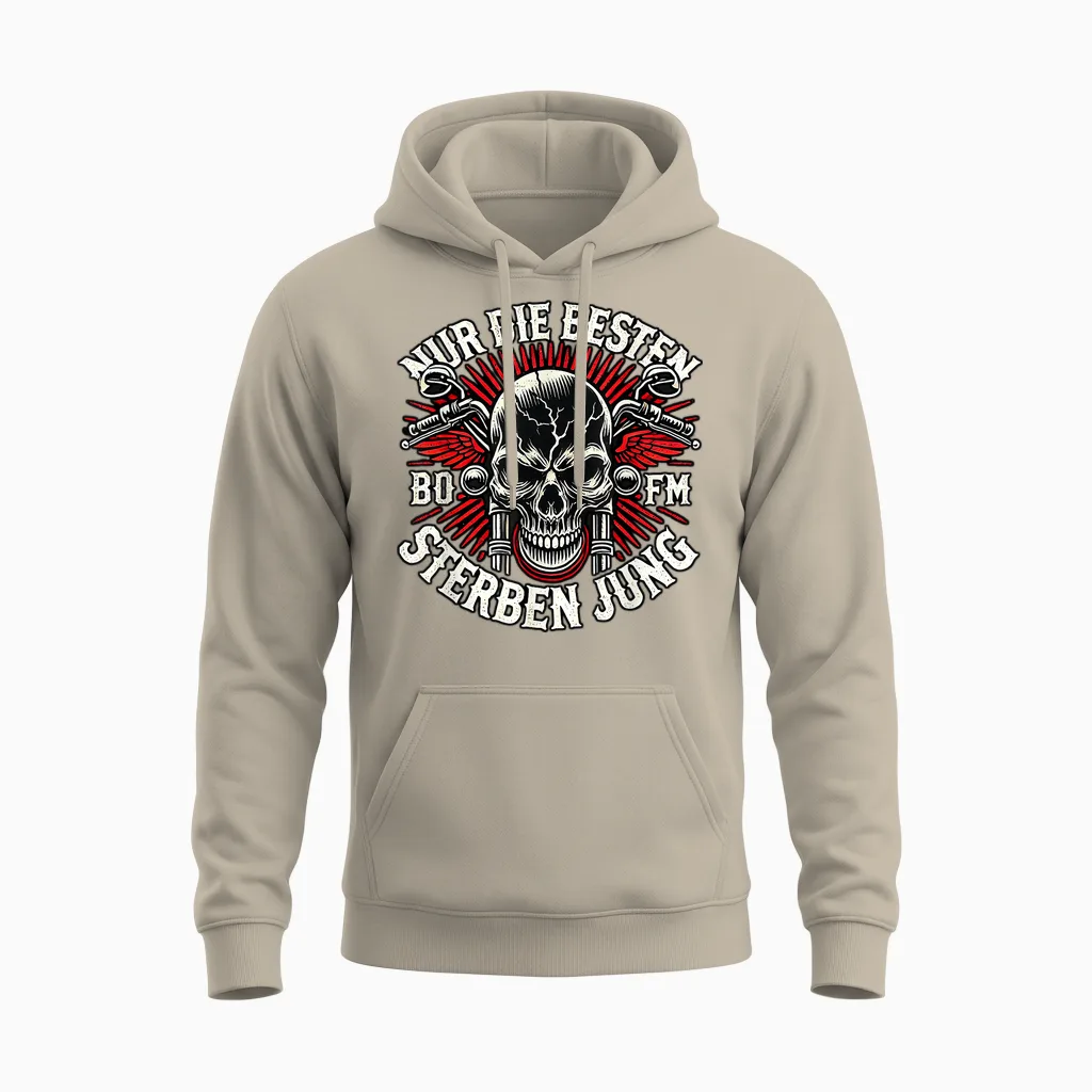 "nur Die Besten Die Jung" Biker Statement Rocker T-Shirt, Black Unisex Hoodie in Sand
