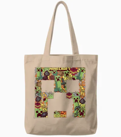 Minecraft Creeper Big Face Collage T-Shirt, Black Tote Bags - Natural