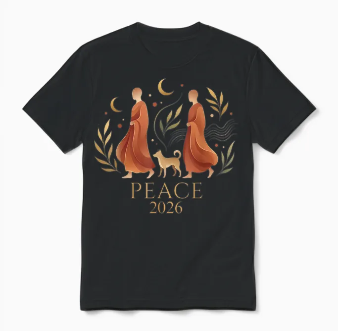 Walk Peace 2026 World Peace Monks with Aloka Dog Spiritual Unisex T-Shirt in Black