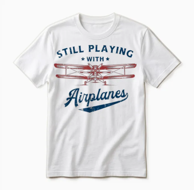 Still Playing with Airplanes Pilot Funny Vintage Men Women Unisex T-Shirt in White
