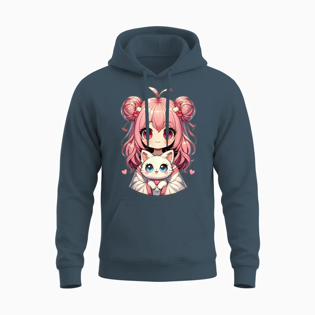 Anime Cute Cat Lovers Kawaii Manga Otaku Anime Girl Pink T-Shirt, Black, S Unisex Hoodie in Dark Heather