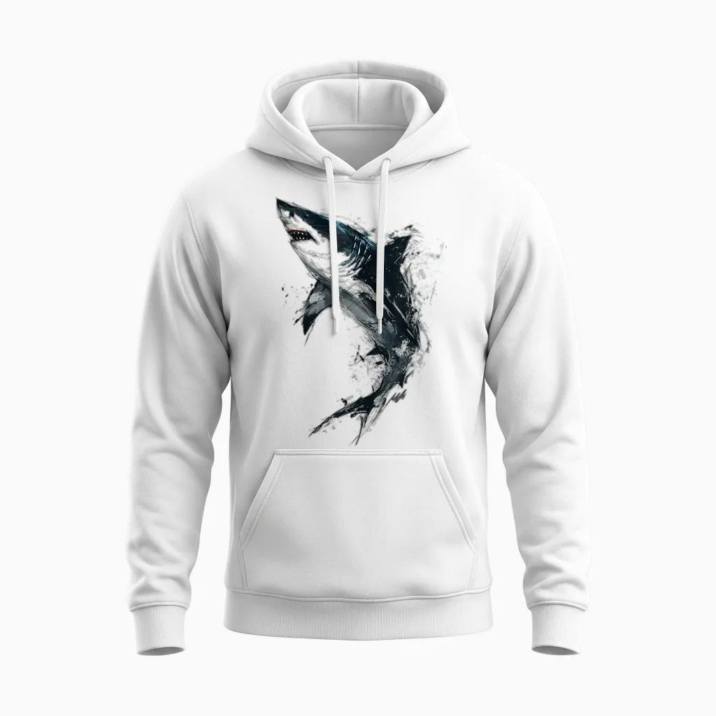 Shark Painting Art Abstract Animal Drawing Graphic Shark T-Shirt, White Unisex Hoodie in White