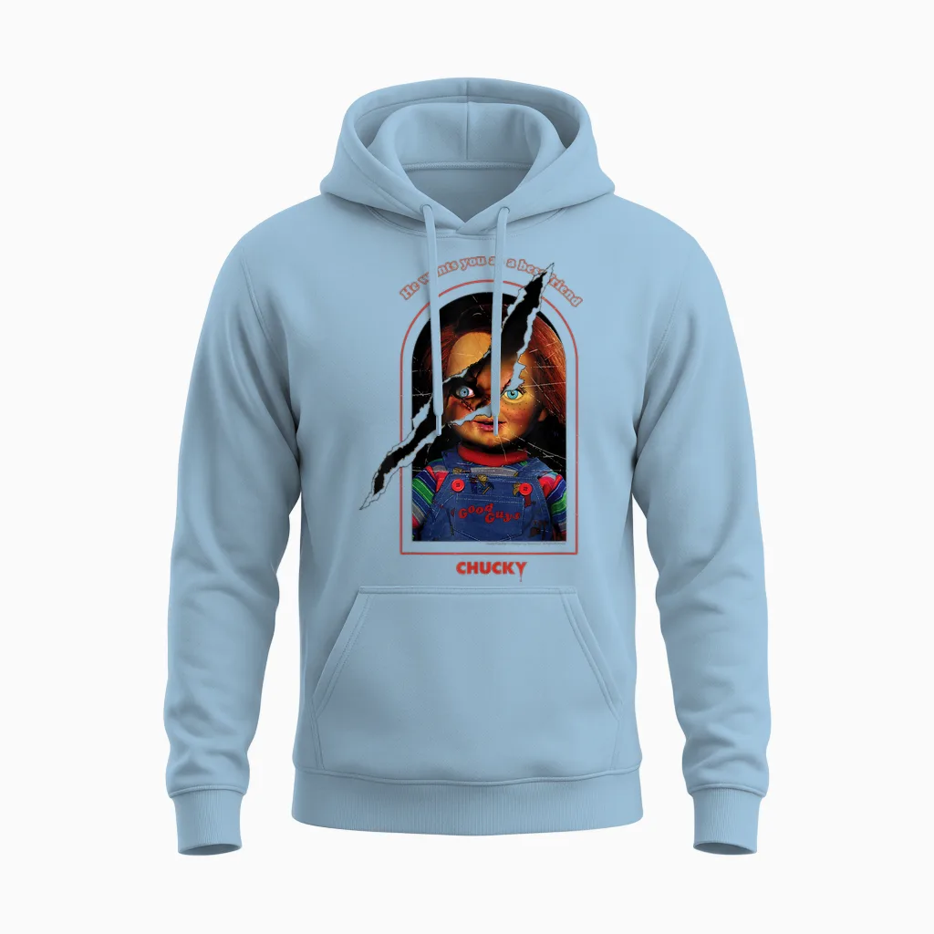 Chucky Split Face Unisex Hoodie in Light Blue