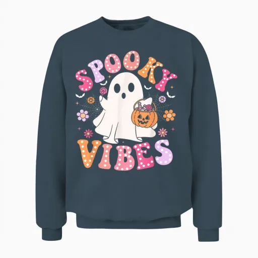 Spooky Vibes Ghost Retro Groovy Halloween Women Girls Unisex Sweatshirt - Dark Heather