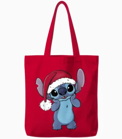 Disney Lilo & Stitch Christmas Santa Hat Stitch Portrait Short Sleeve T-Shirt Black Tote Bags - Red