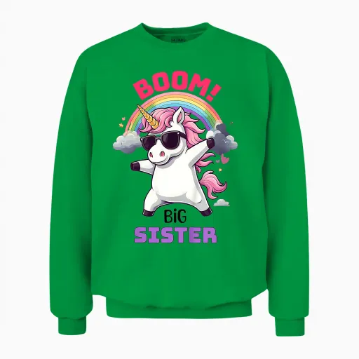 Child Boom Promoted Birthday Unicorn Rainbow Big Sister Unisex Sweatshirt - Irish Green