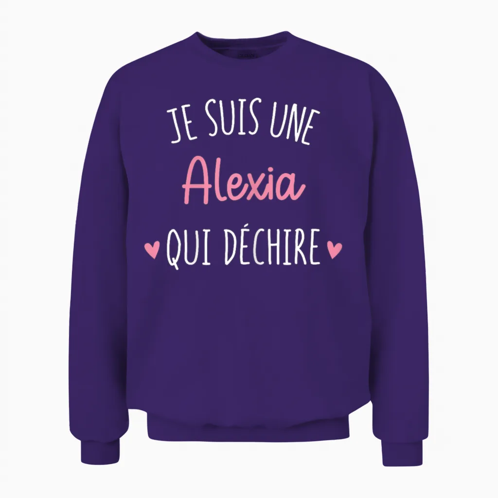 Personalised Women's Gift Name Alexia Qui Déchire T-Shirt, Black, Female X-Small Unisex Sweatshirt in Purple