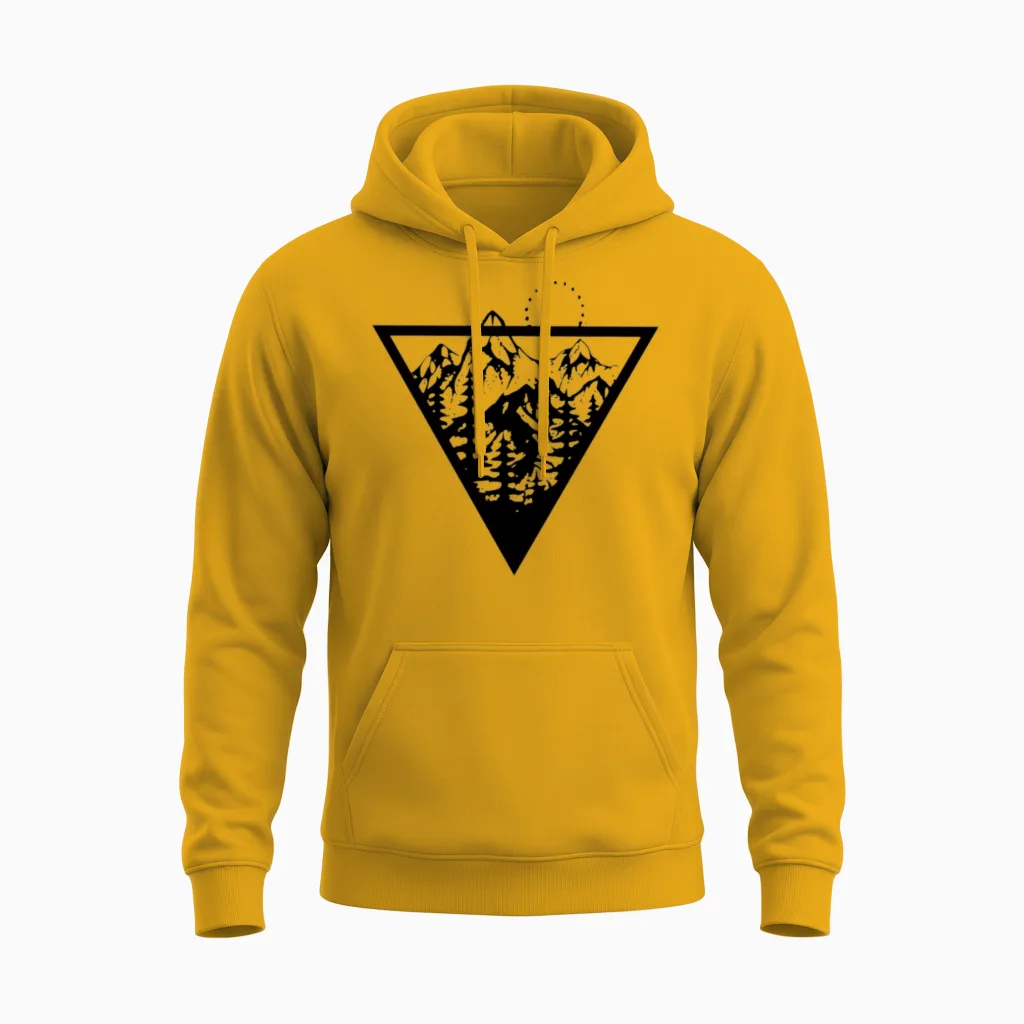 Triangle with Mountains and Birds Unisex Hoodie in Gold