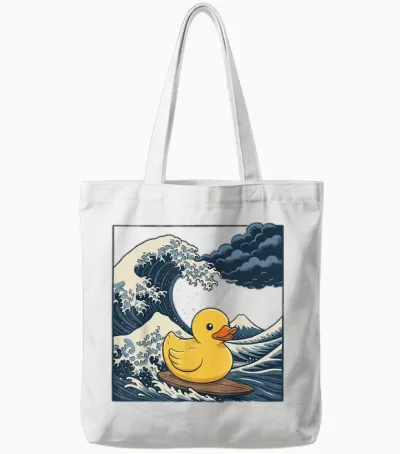 Japanese Surf Rubber Duck Big Wave Anime Tote Bags - White
