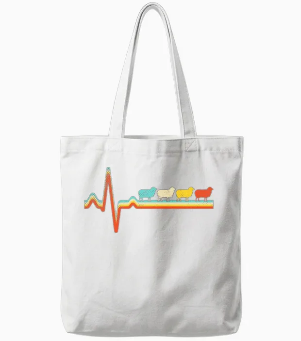 Sheep Retro Heartbeat Tote Bags in White