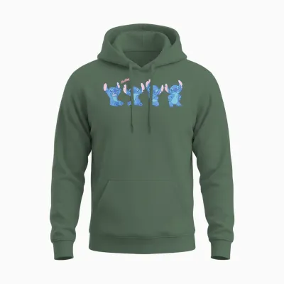 Disney Stitch Fluffy Aloha Vibes Cute Multi-Pose Unisex Hoodie - Military Green