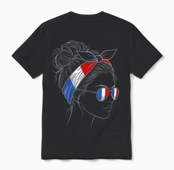 France Femme Profil Chignon Lunettes Bandeau Unisex T-Shirt in Black