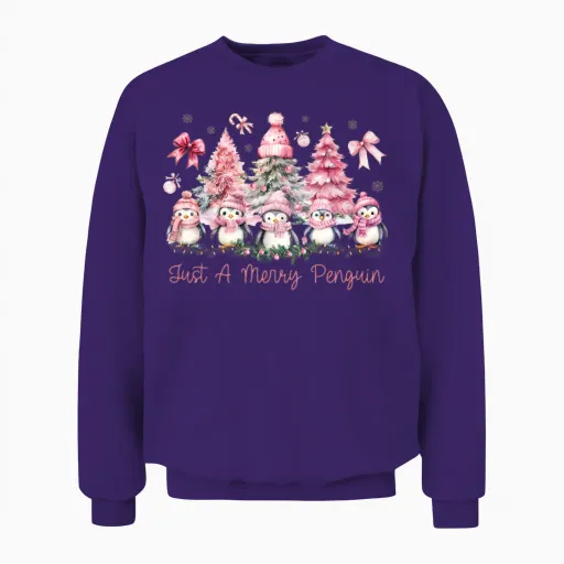 Just a Merry Penguin Watercolor Christmas Animals Unisex Sweatshirt in Purple