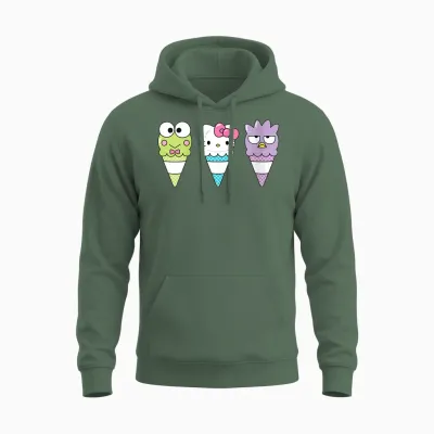 Womens Hello Sanrio Keroppi Hello Kitty Badtz-Maru Ice Cream Cone Unisex Hoodie - Military Green