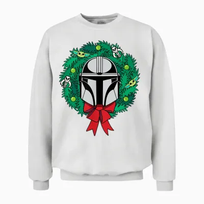 Amazon Essentials the Mandalorian Helmet Holiday Christmas Wreath Unisex Sweatshirt - White