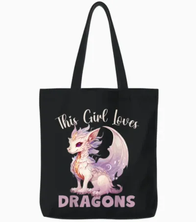 This Girl Loves Dragon for Girls in Pink and Purple T-Shirt, Black, S Tote Bags - Black