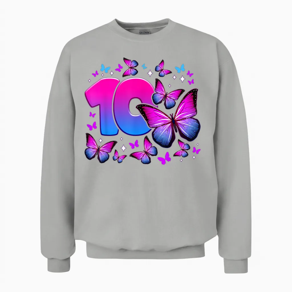 Birthday Girl 10 Years Old Butterfly Number 10 Unisex Sweatshirt in Ash