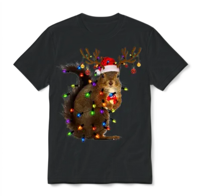 Funny Squirrel Christmas Reindeer Christmas Lights Unisex T-Shirt - Black