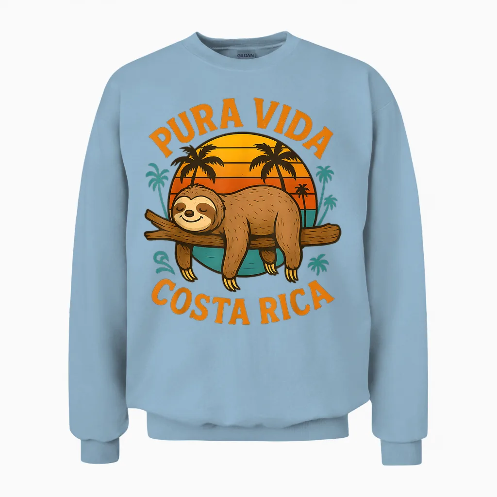 Pura Vida Costa Rica Lazy Sunset Palms Unisex Sweatshirt in Light Blue
