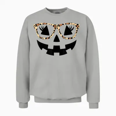 Jack O Lantern Face Pumpkin Hallowen Leopard Print Glasses Unisex Sweatshirt - Ash