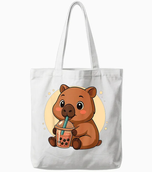 Adorable Bubble Tea Capybara Kawaii Anime Girl Tote Bags in White