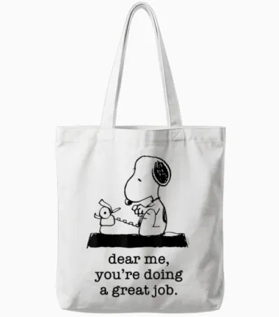 Peanuts - Snoopy Typewriter Dear Me You're Doing a Great Job T-Shirt, White Tote Bags - White