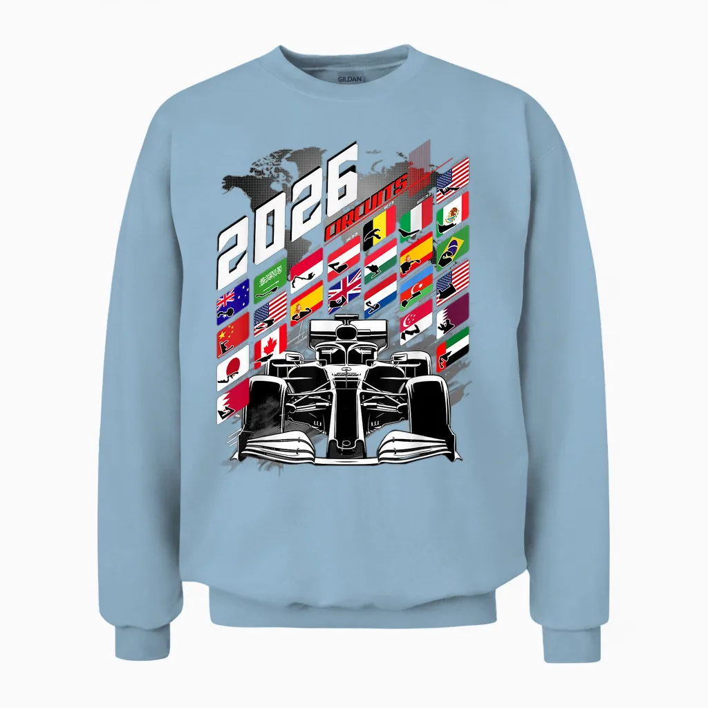 Racing Car Calendar 2026 Circuit Schedule Places Men Women Unisex Sweatshirt in Light Blue