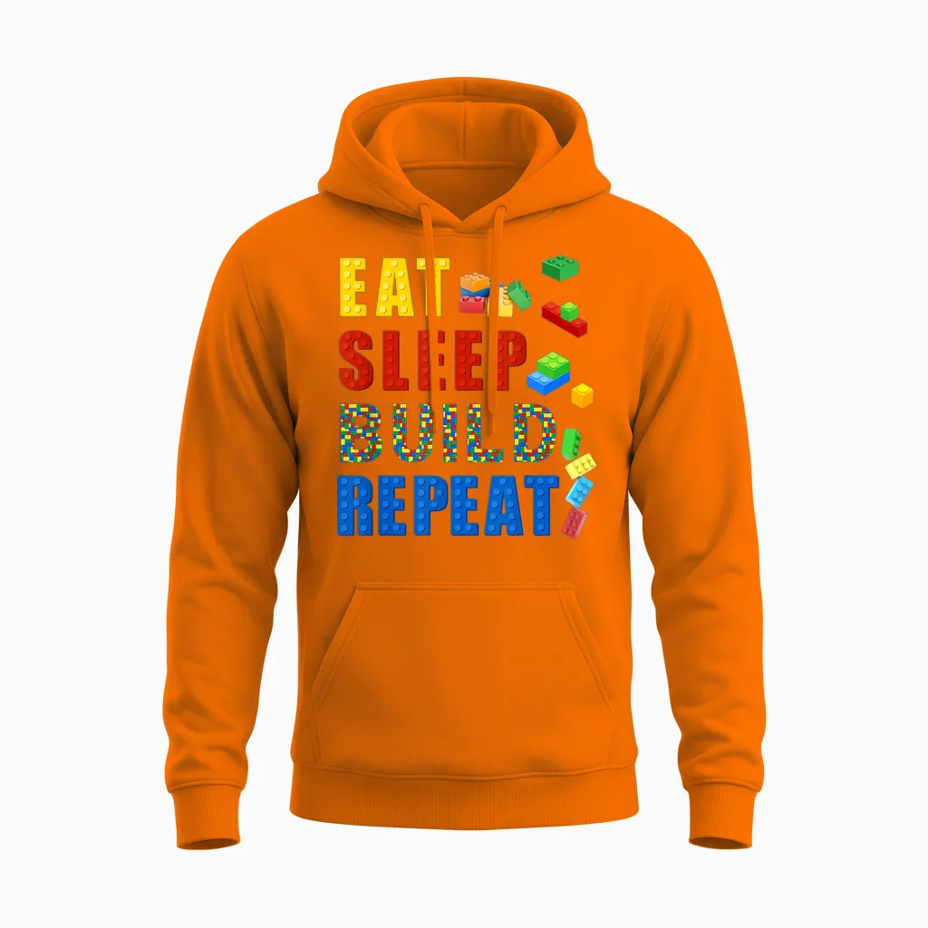 Eat Sleep Build Repeat Building Bricks Blocks Master Builder Unisex Hoodie in Safety Orange