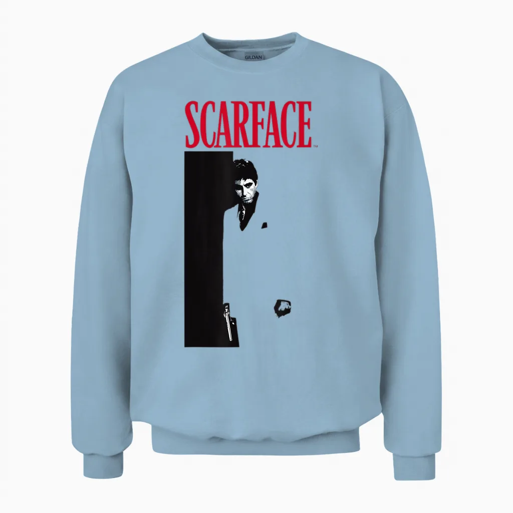 Original Scarface T-Shirt Movie Poster, White, S Unisex Sweatshirt in Light Blue