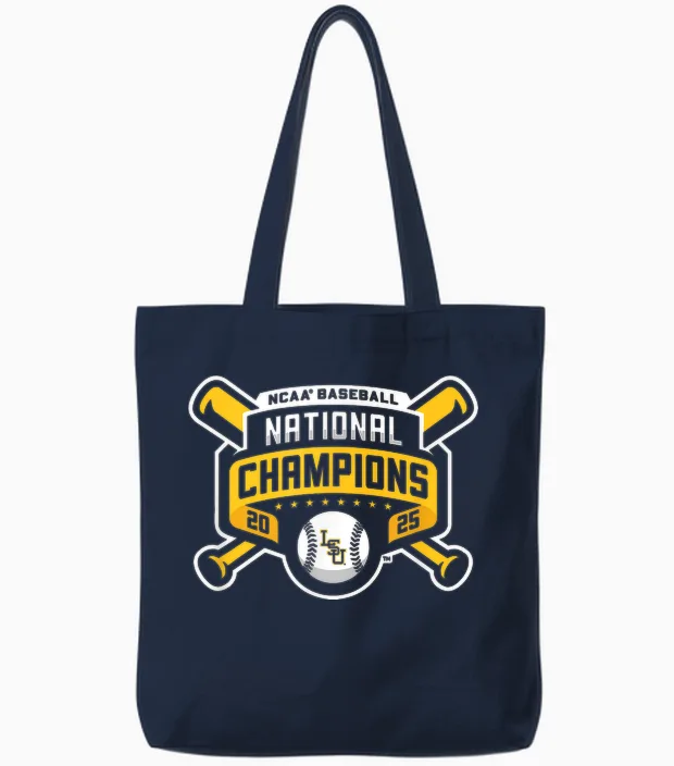 Lsu Tigers Baseball National Champs 2025 Official Logo Tote Bags in Navy