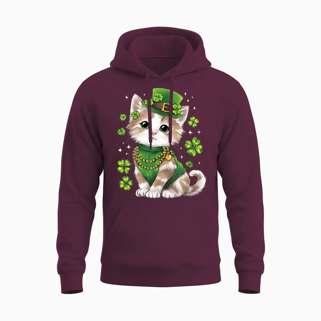 St Patricks Day Cat Leprechaun Hat Shamrock Saint Pattys Day Unisex Hoodie in Maroon