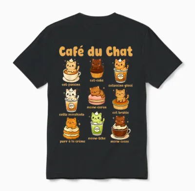 Café Du Chat Cute Cats Coffee Pun Kawaii Drink Art Unisex T-Shirt - Black