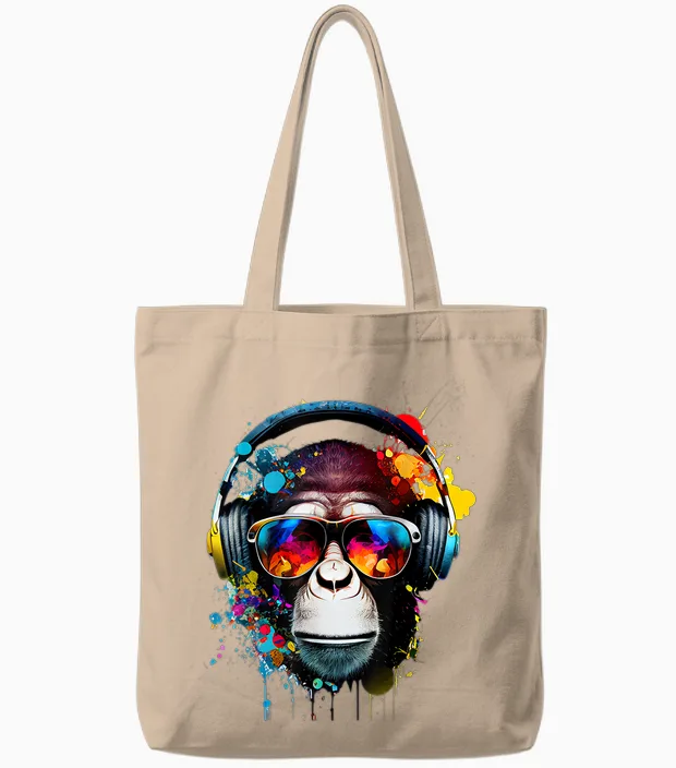 Dj Monkey Monkey with Sunglasses T-Shirt, Black Tote Bags in Natural
