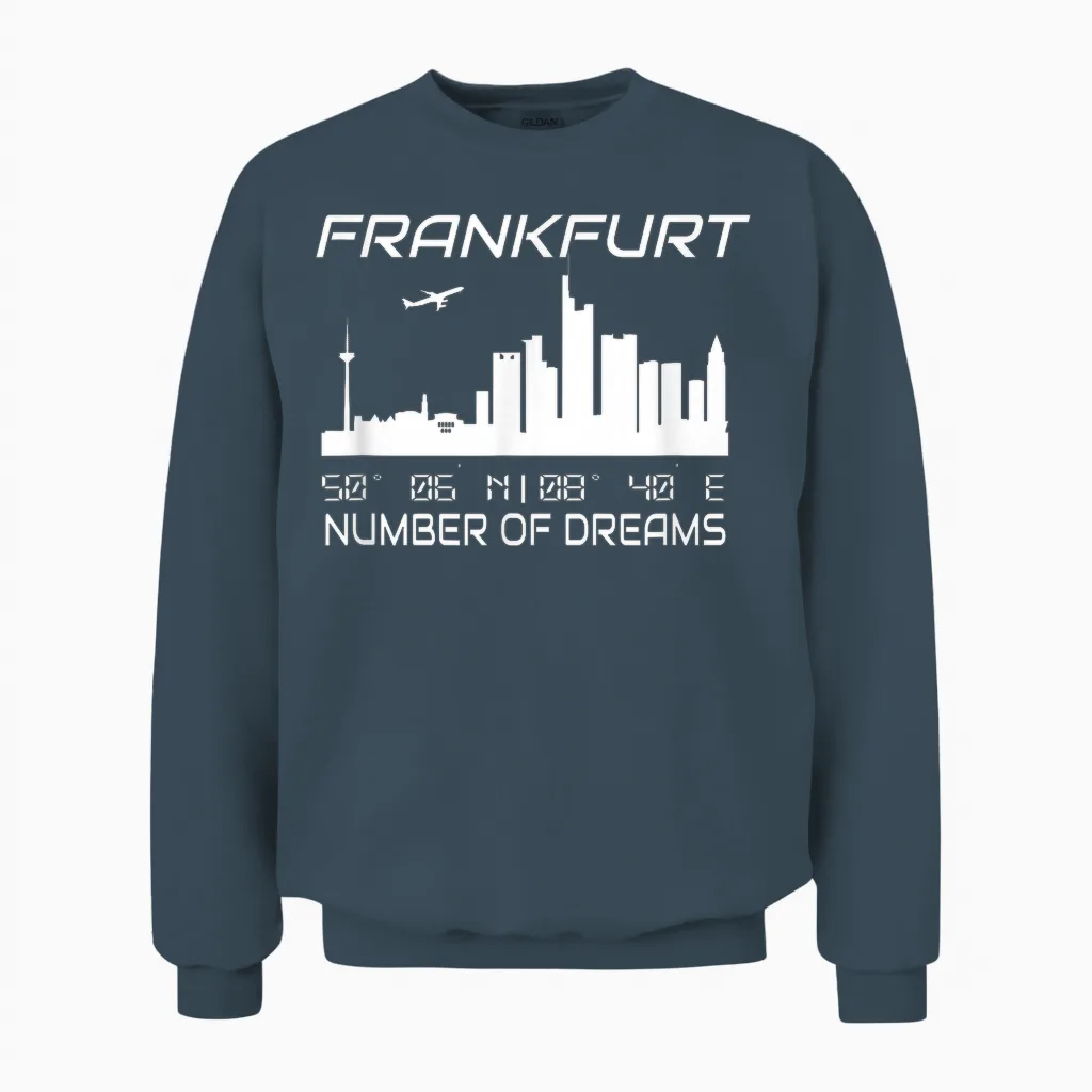 Gps Coodinates and Skyline of Your City of Dreams Frankfurt Main Skyline Gps Koordinaten Banken Wolkenkratzer T-Shirt Schwarz Unisex S Eu 41.5 Klein Regular Casual Graphic Unisex Sweatshirt in Dark Heather