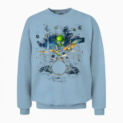 Van Gogh Alien Percussionist Drum Kit Playing Drum T-Shirt, Black, S Unisex Sweatshirt - Light Blue