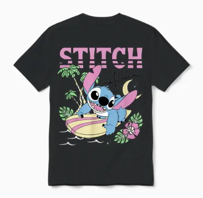 Disney Lilo & Stitch Aloha Hawaiian Surf Poster T-Shirt, Gray Unisex T-Shirt - Black