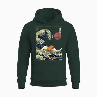 Capybara Japanese Kanagawa Wave Funny Surf Animal T-Shirt, Black Unisex Hoodie - Forest