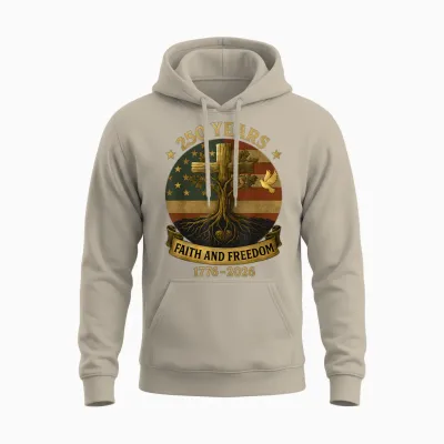 Flag Cross Tree 250 Years Faith and Freedom 1776-2026 Unisex Hoodie - Sand