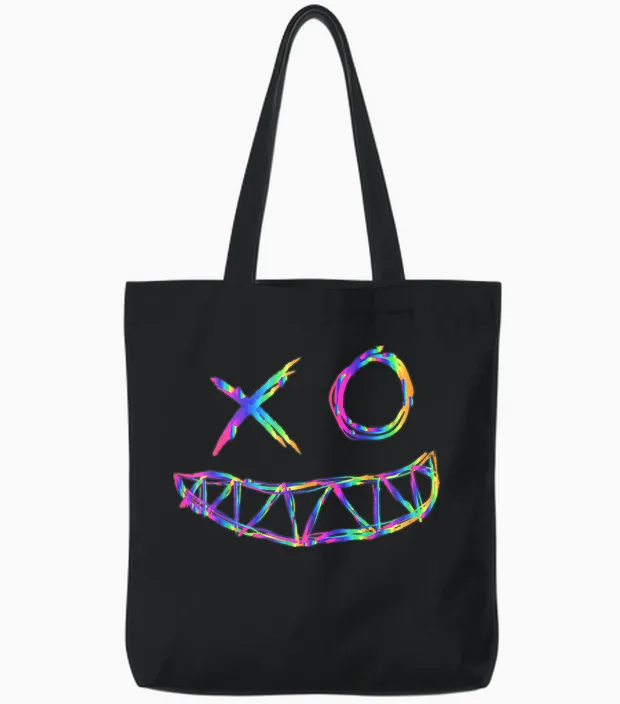 Rainbow Rave Face T-Shirt, Black Tote Bags in Black
