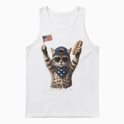Retro Funny America Cat Hot Dog Lovers Patriotic Us Unisex Tank Top - White
