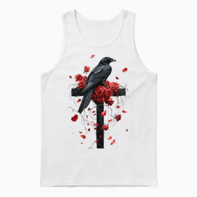 Raven with Roses on Cross Gothic T-Shirt, Black, S Unisex Tank Top - White