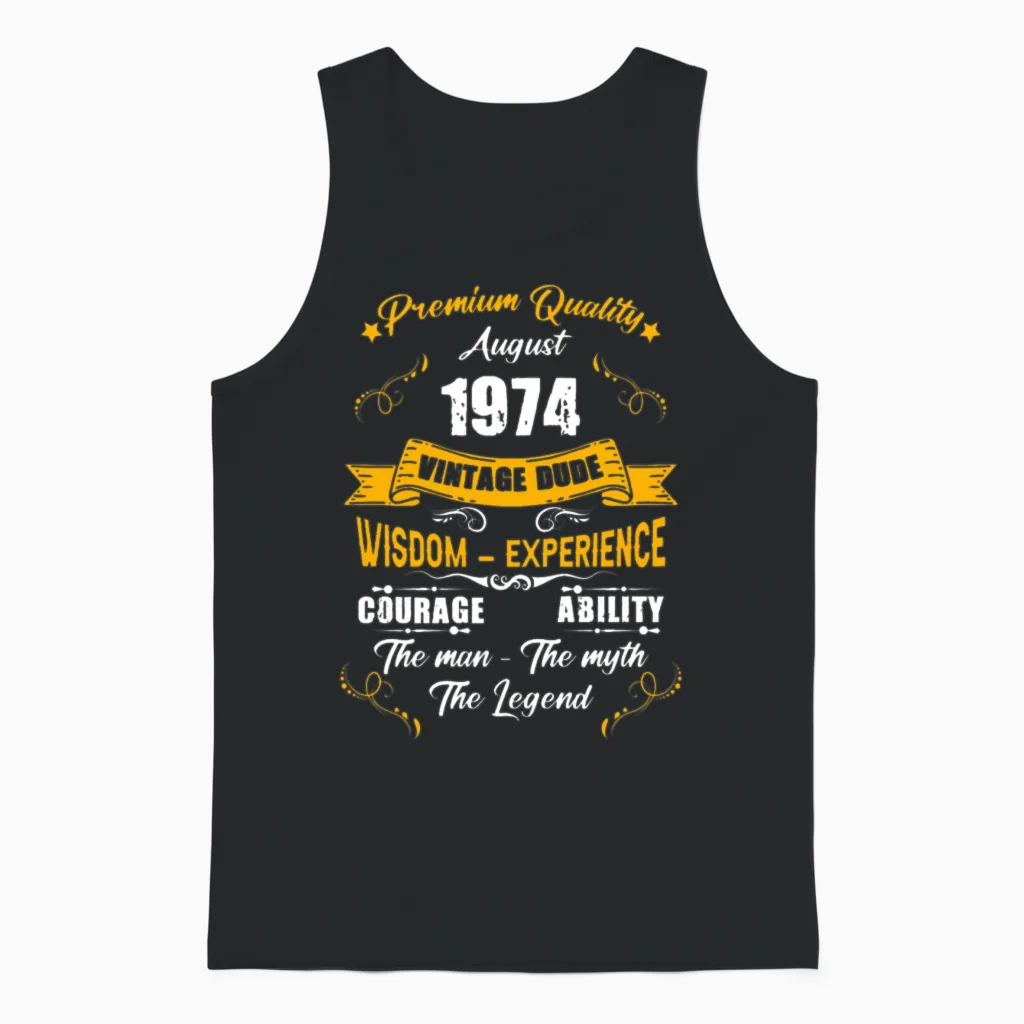 August 1974 Vintage Birthday Present Unisex Tank Top in Black