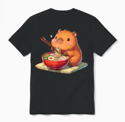 Cute Capybara Eats Ramen Noodles Capybaras Ramen T-Shirt, Black Unisex T-Shirt - Black