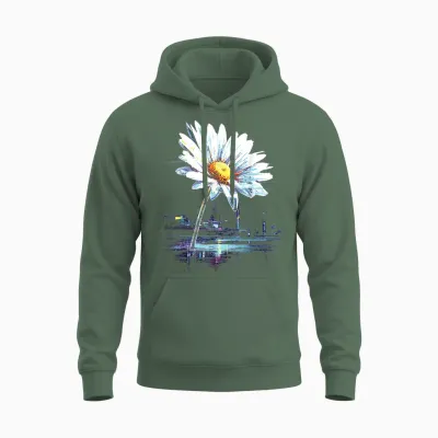 Daisy Flower Pixel Art Abstract Graphic Artwork Daisy Unisex Hoodie - Military Green